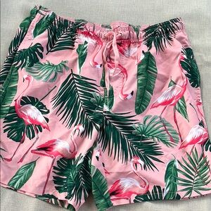 Old Navy Pink and Green Swim Trunks with Tropical Print
